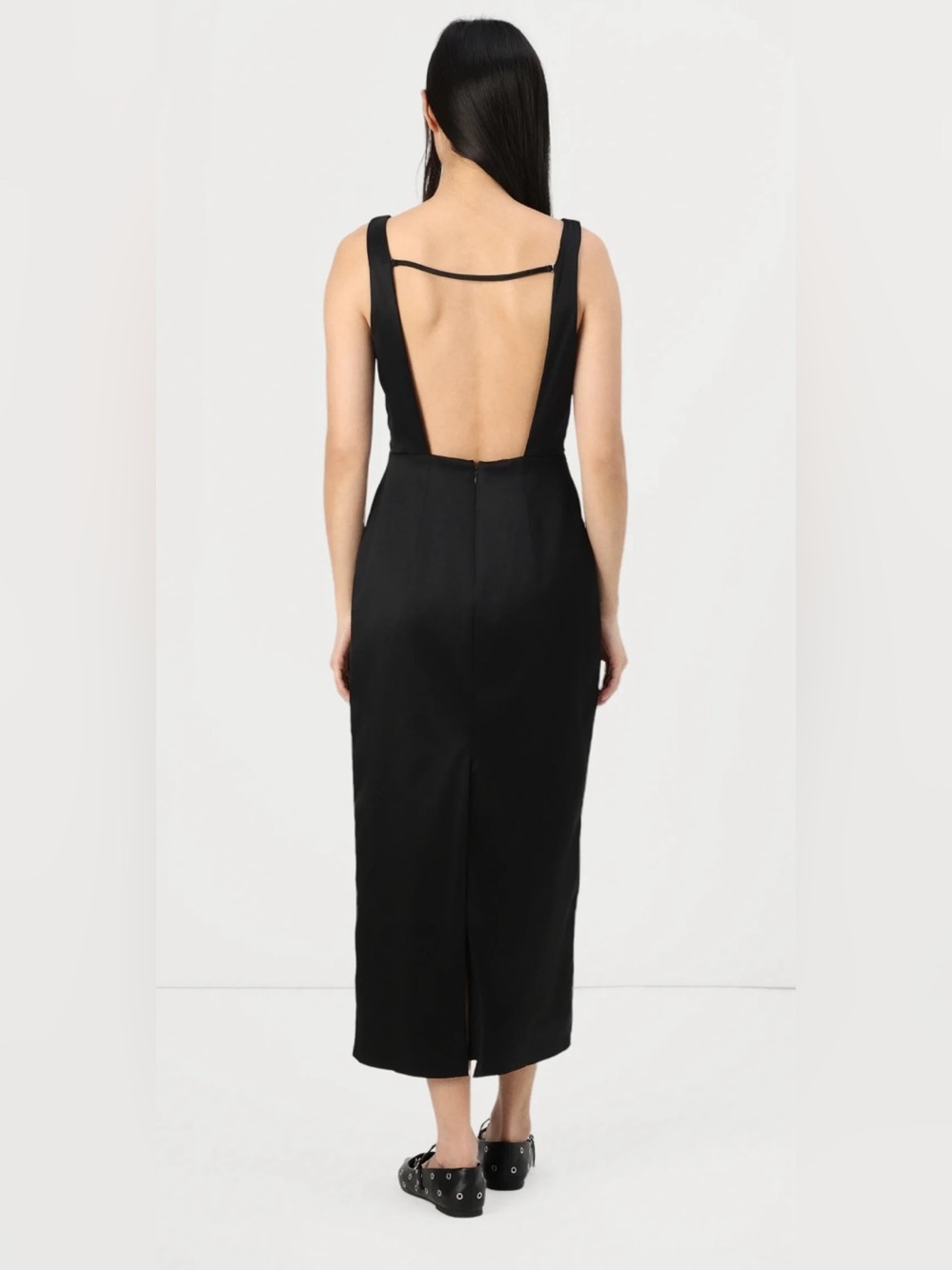 Abercrombie & Fitch - Elegant Black Satin Midi Dress - Sleeveless,Open Back
